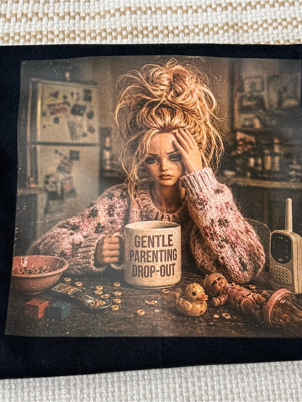 Gildan Black Tee with Pink Sweater Doll Graphic